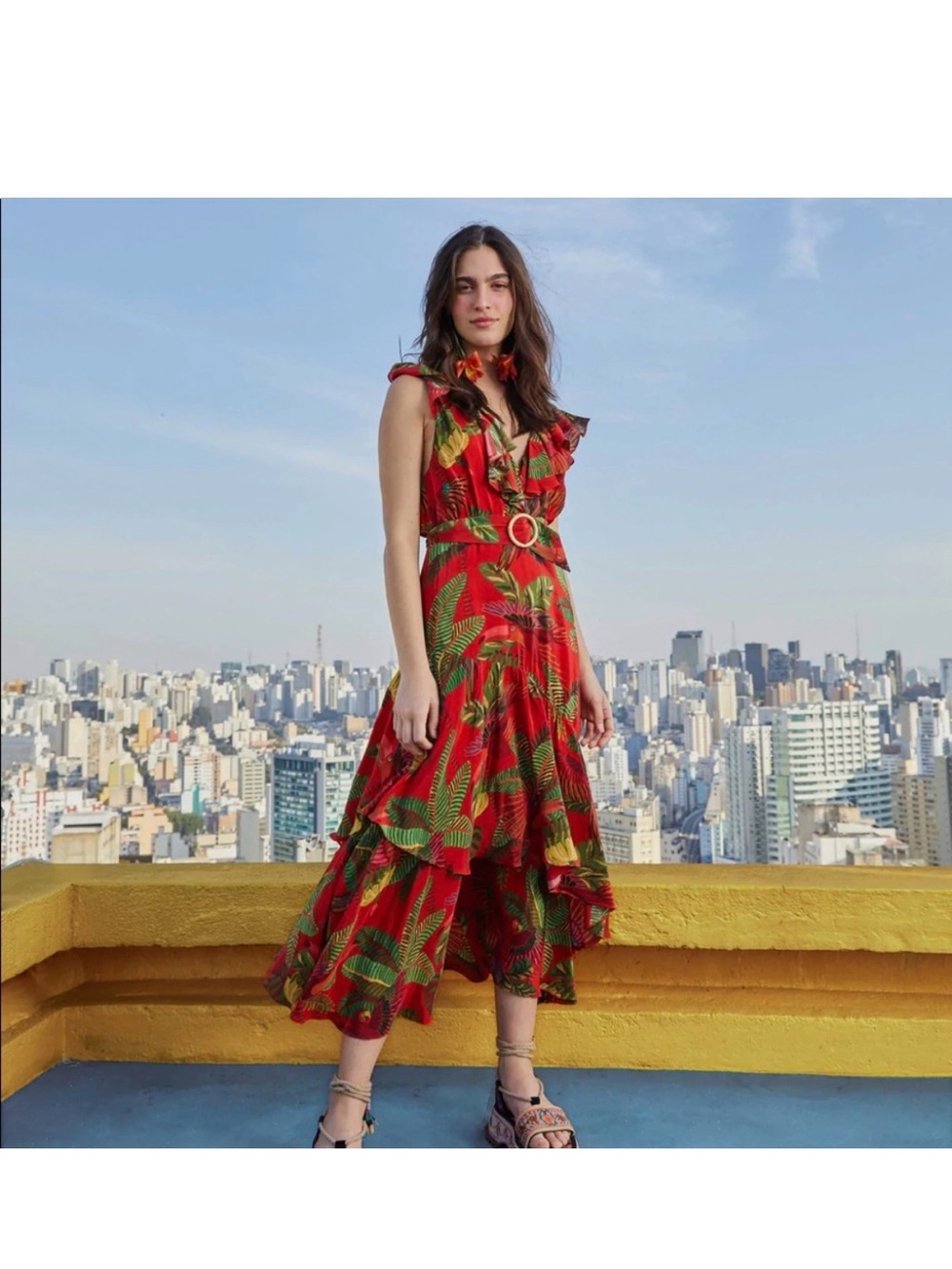 FARM Rio Red Tropical Ruffled Midi Dress with Belt - Picture 2 of 9